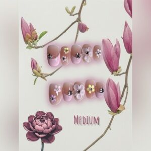 3D Daisy Blossom Press On Nails | Nude Pink Floral Set (Medium)